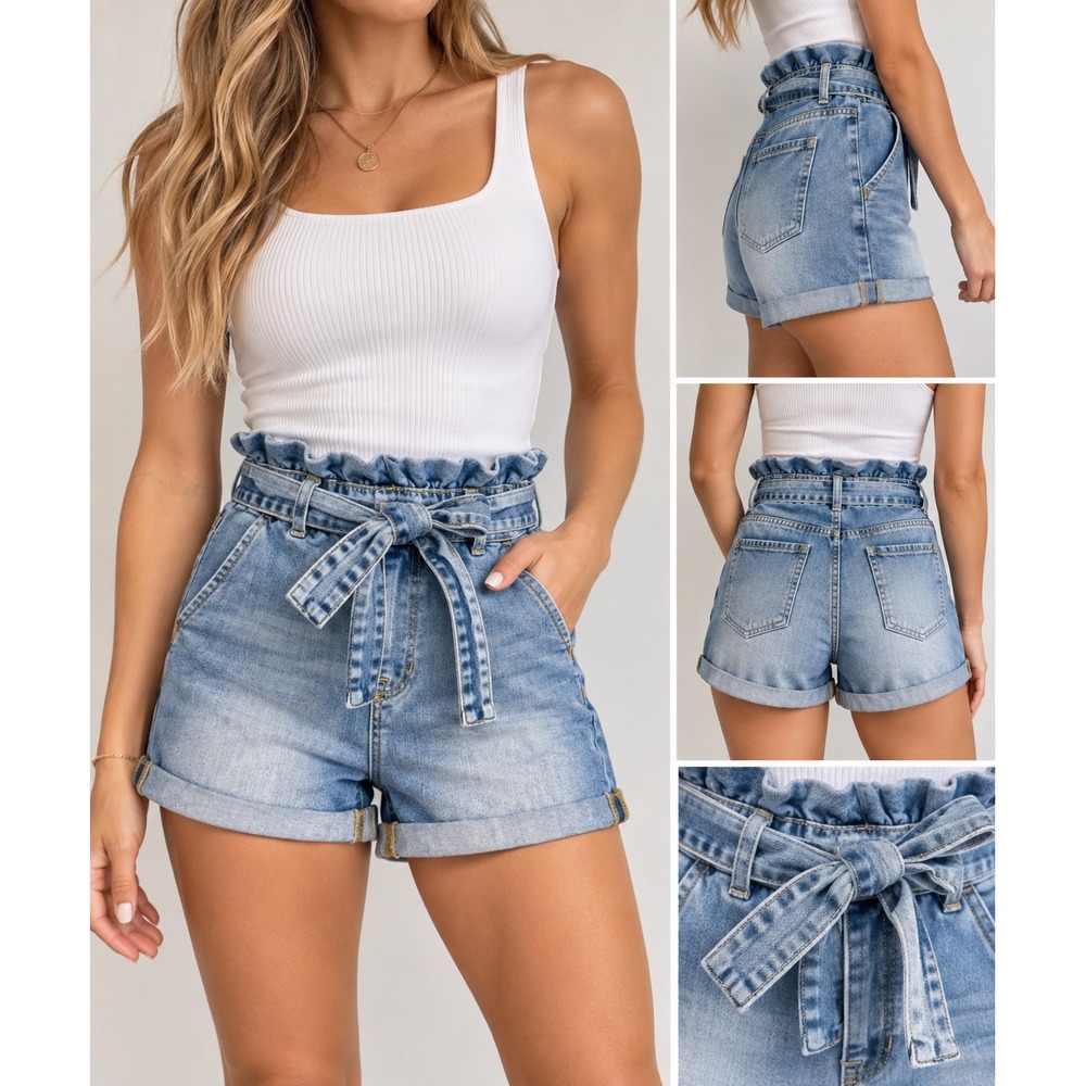 Cello Women Light Wash Paperbag Waist Denim Shorts Size M Tie Belt Cuffed Hem